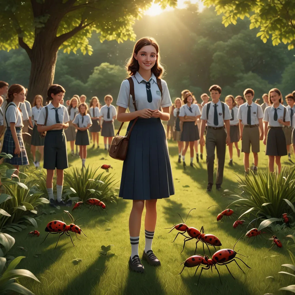 a girl in a school uniform standing in front of a group of children in a field with bugs on the grass, fantastic realism, poster art, Bob Byerley, promotional image