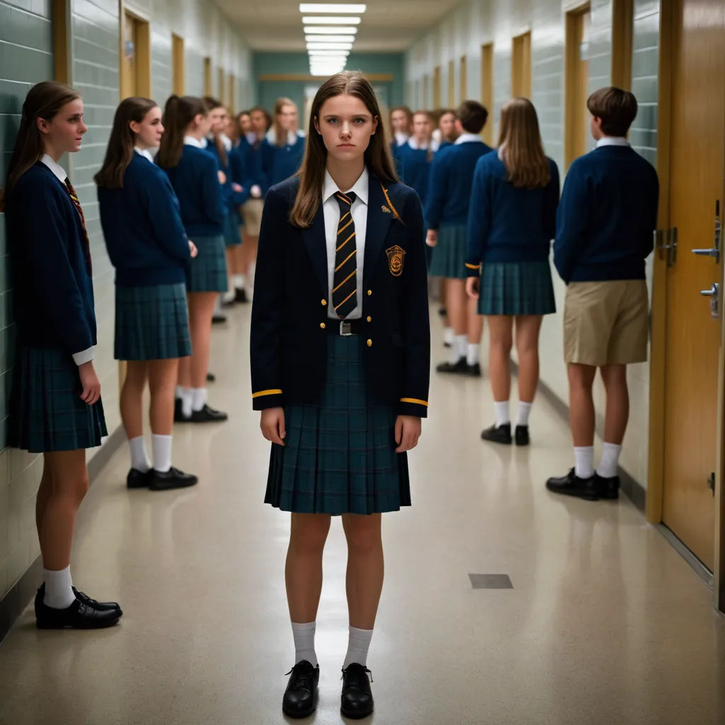 a girl in a school uniform standing in a hallway with other girls in the background wearing school uniforms and looking at the camera, vancouver school, a poster, Christabel Dennison, promotional image