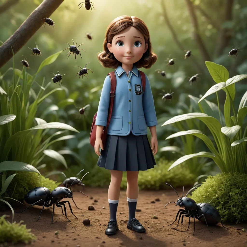 a girl in a blue dress and some bugs in the woods and grass and trees and a lady bug, paris school, a character portrait, Chris LaBrooy, promotional image