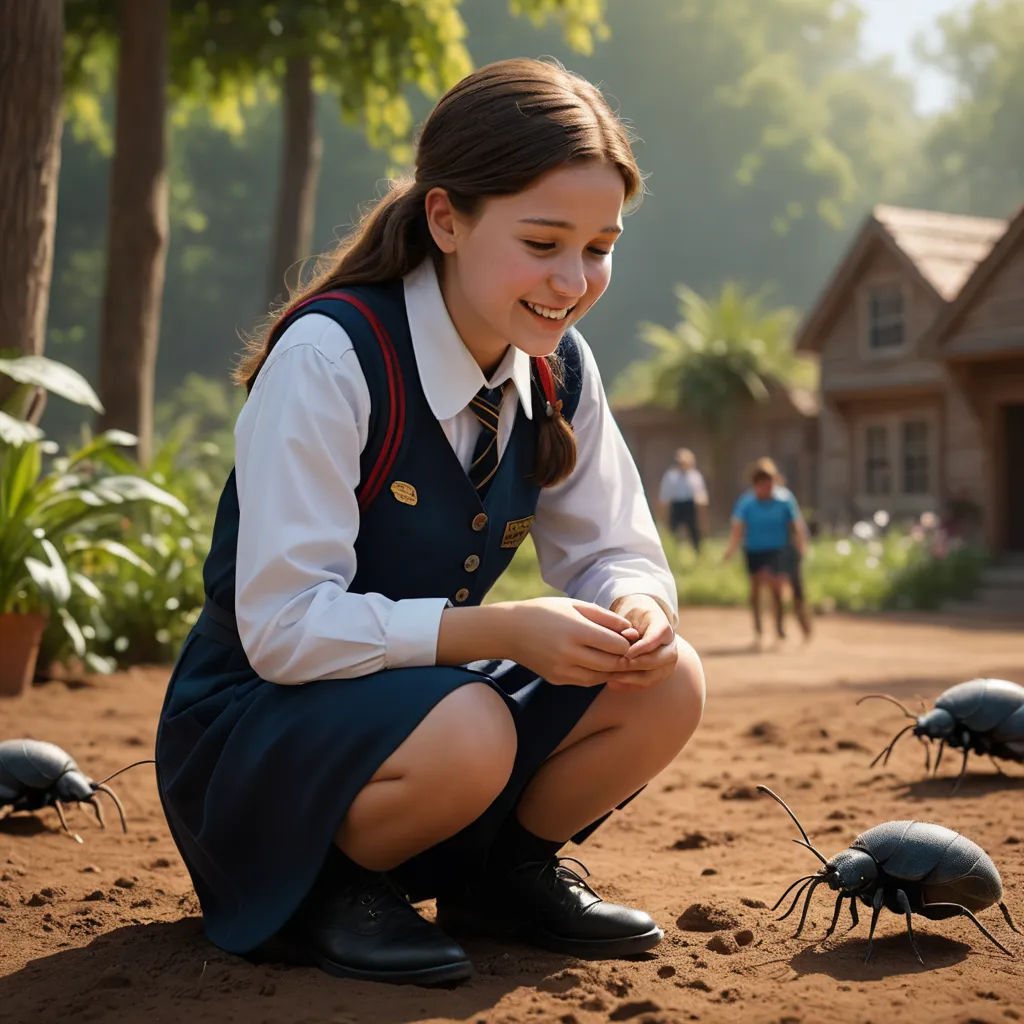 a girl in a school uniform kneeling down to look at a group of bugs on the ground in front of her, magical realism, a stock photo, Ada Gladys Killins, promotional image