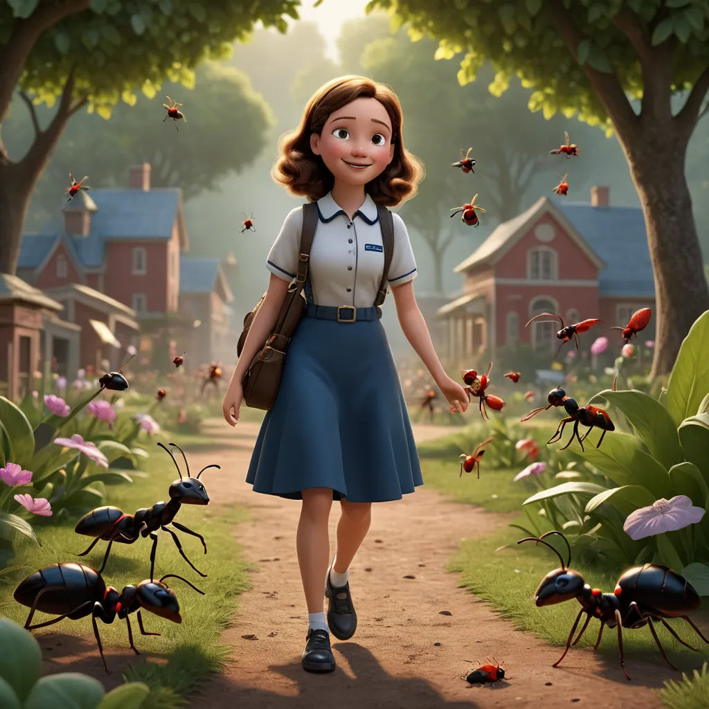 a woman in a blue dress walking through a field of bugs and flowers with a red house in the background, american scene painting, a character portrait, Ada Gladys Killins, promotional image