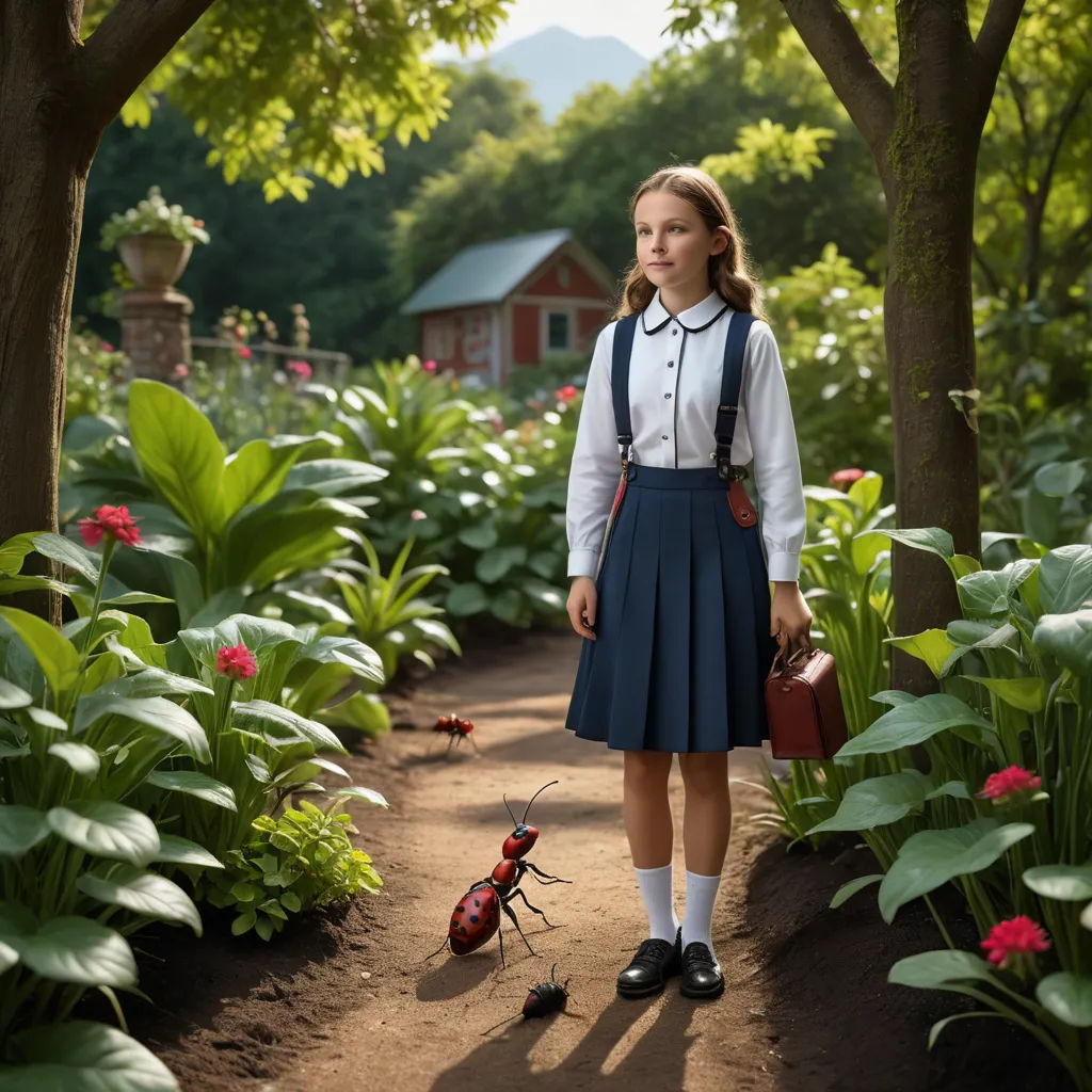 a girl in a school uniform standing in a garden with a bug on the ground and a red bug on the ground, magical realism, a character portrait, Anka Zhuravleva, promotional image