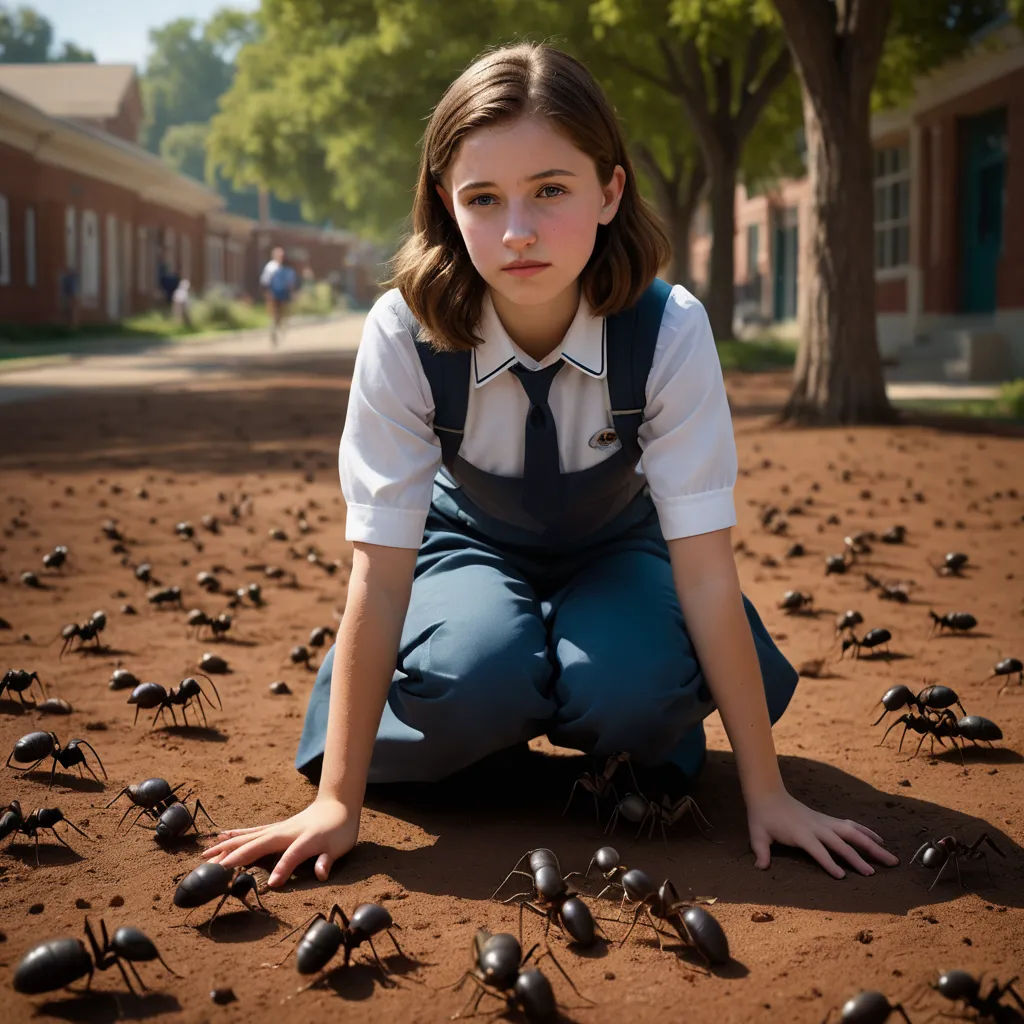a girl kneeling down in the dirt with many bugs on her feet and a bunch of them on the ground, institutional critique, poster art, Ada Gladys Killins, promotional image