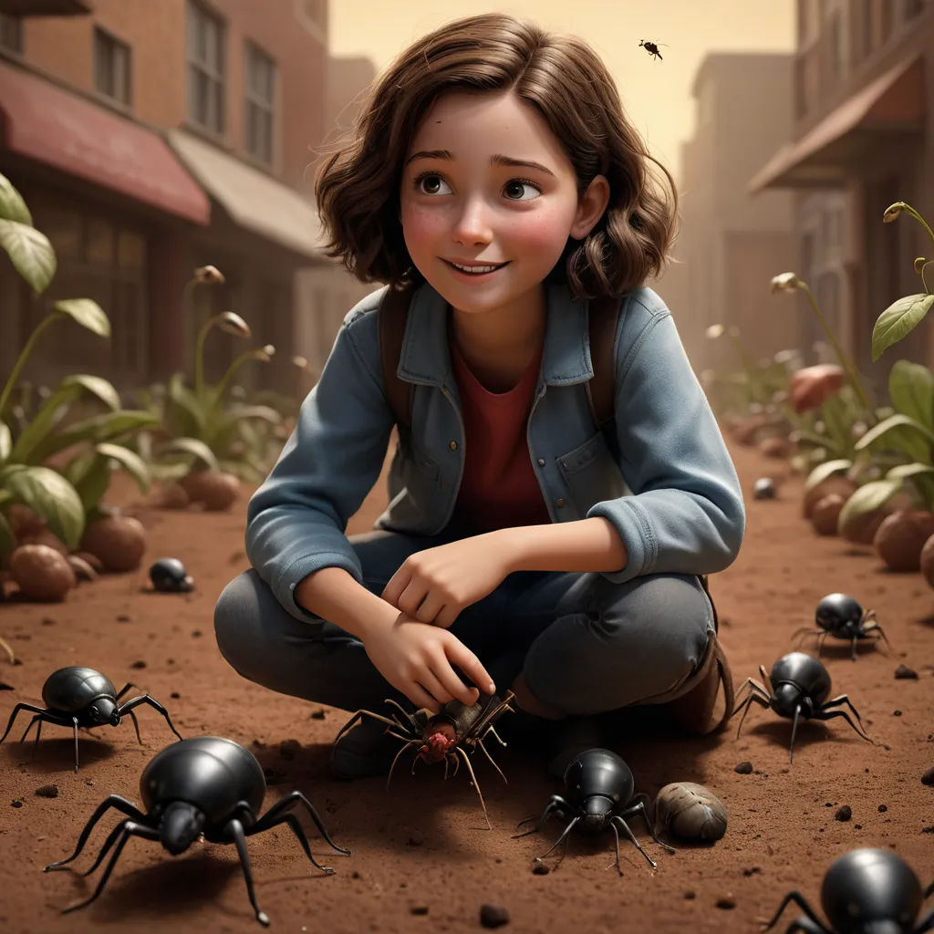 a girl kneeling down in the dirt with a bunch of bugs around her and a building in the background, antipodeans, poster art, Ada Gladys Killins, promotional image