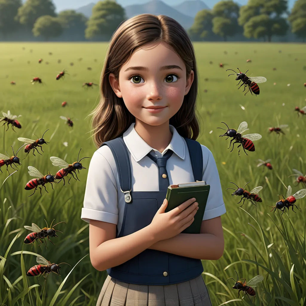 a girl in a field with a book and some bugs around her, with a book in her hands, paris school, a storybook illustration, Ada Gladys Killins, promotional image