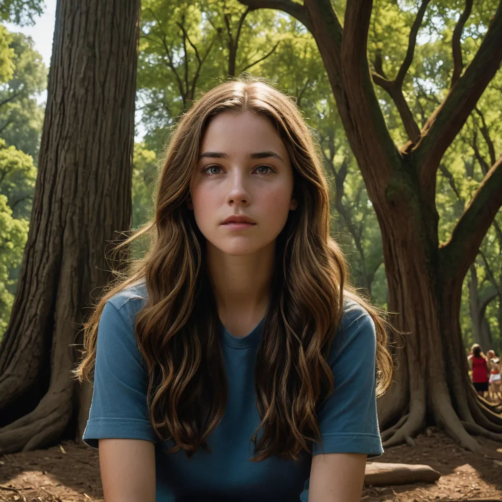 a woman sitting in a park with trees in the background and people in the background looking at the camera, symbolism, a character portrait, Celia Fiennes, promotional image