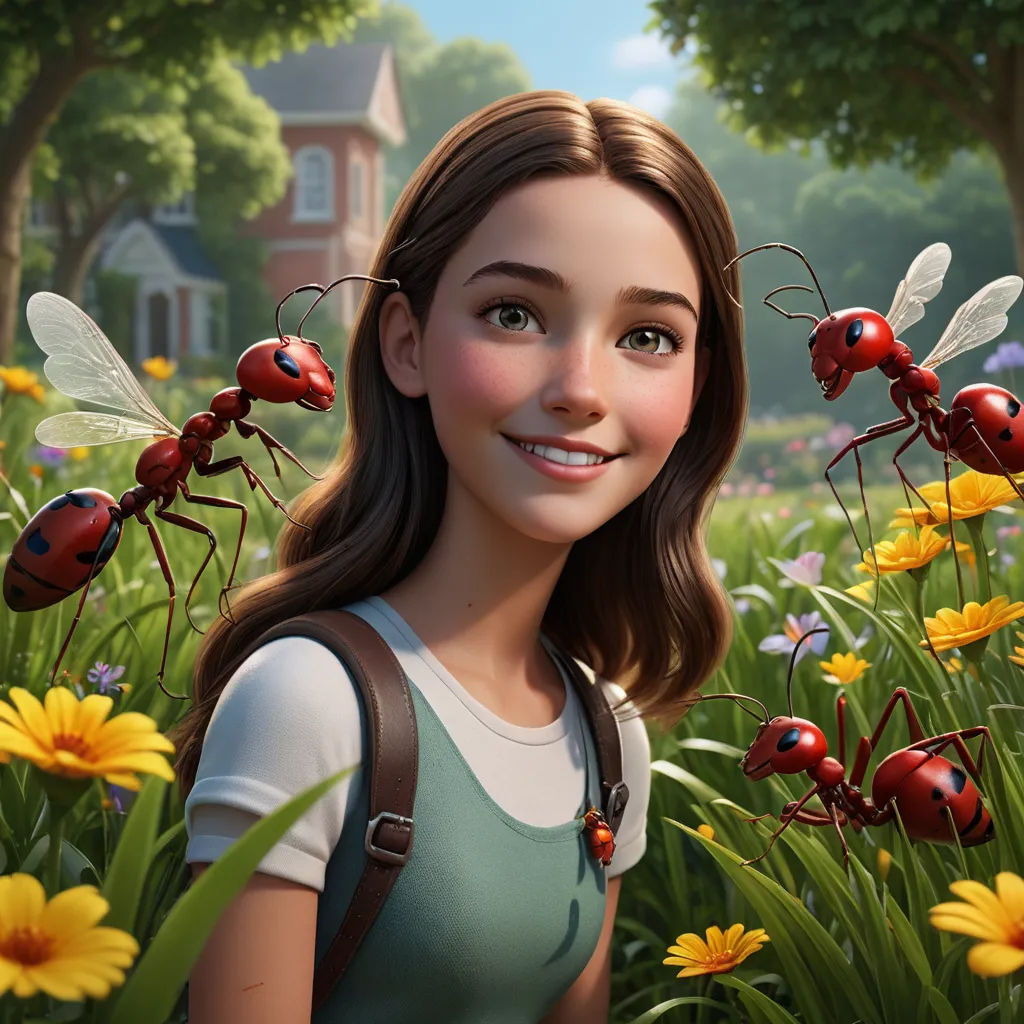 a girl with a backpack standing in a field of flowers and bugs with a house in the background and a few trees, photorealism, a storybook illustration, Chris LaBrooy, promotional image