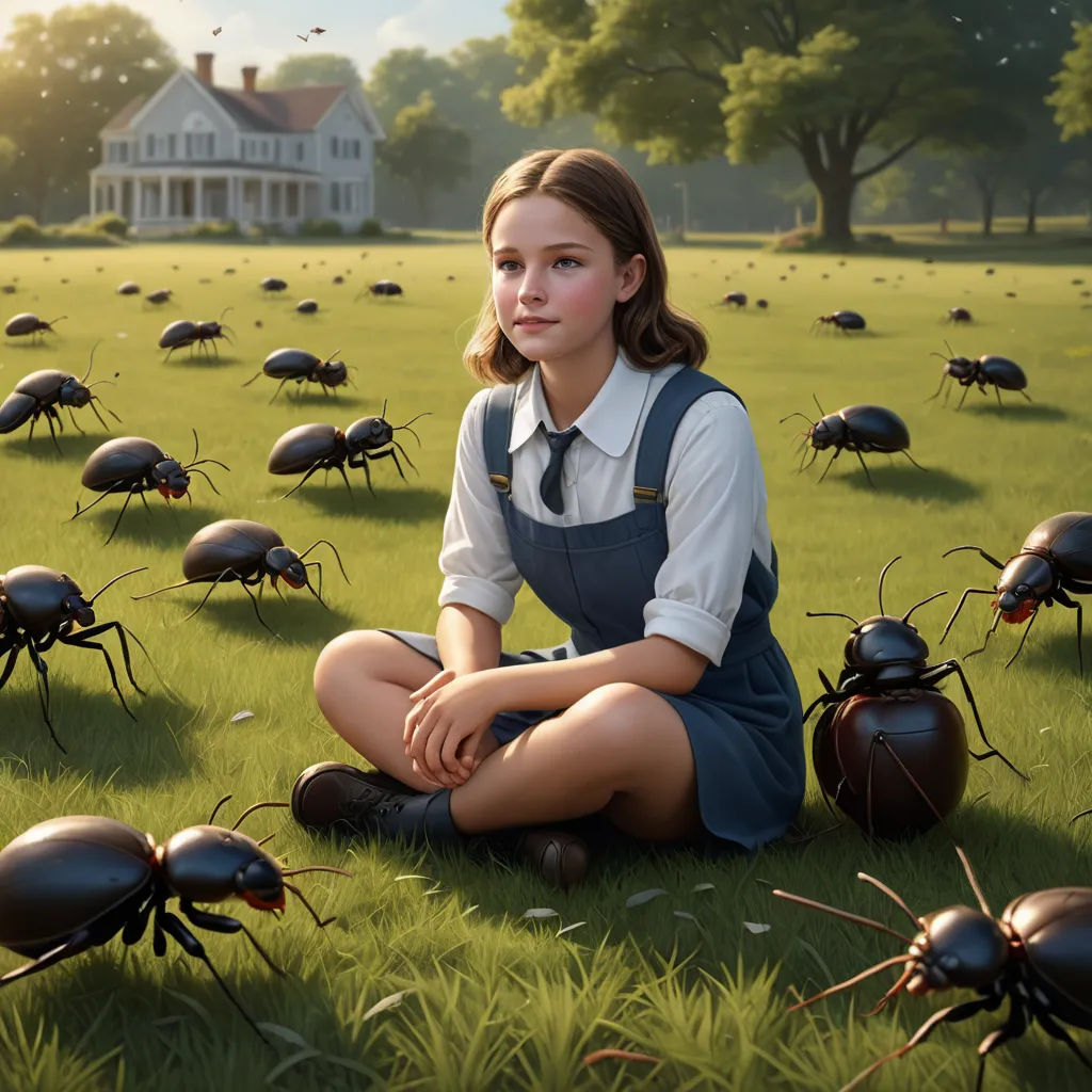a girl sitting in the grass surrounded by many black bugs, with a house in the background, in a field of grass, fantastic realism, a detailed matte painting, Chris LaBrooy, promotional image