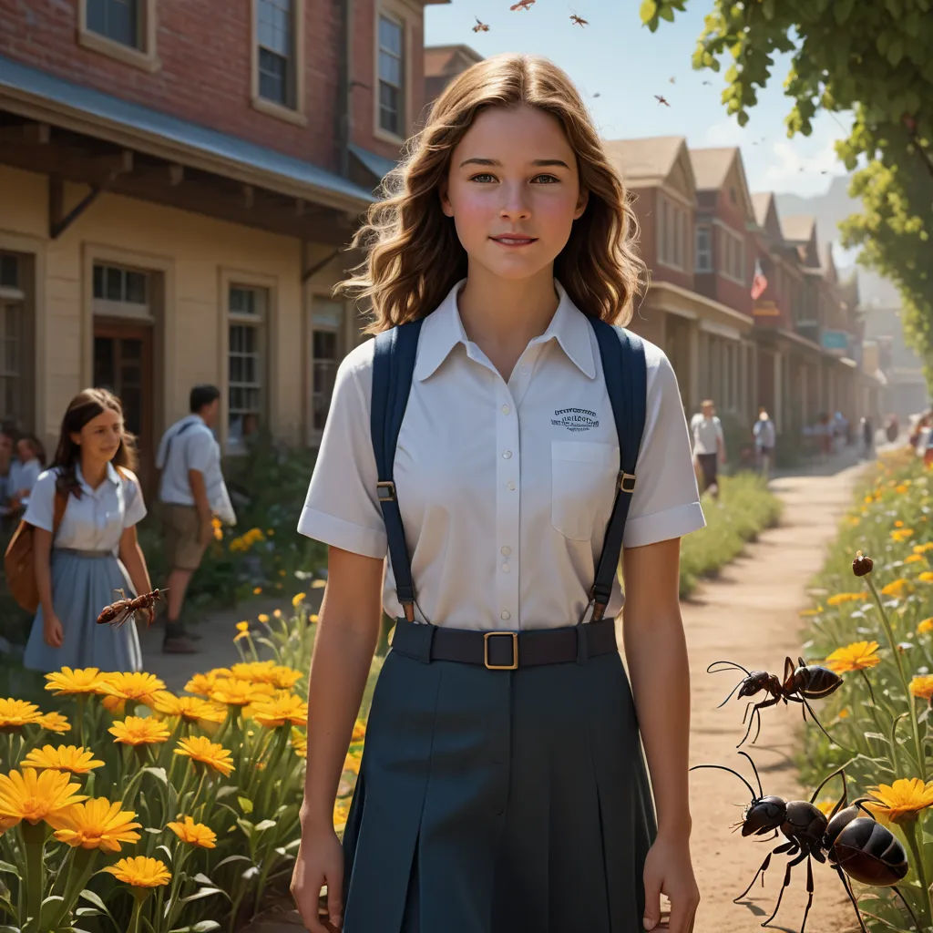 a woman in a school uniform standing in front of a flower garden with a group of bees flying around, fantastic realism, a poster, Beeple, promotional image