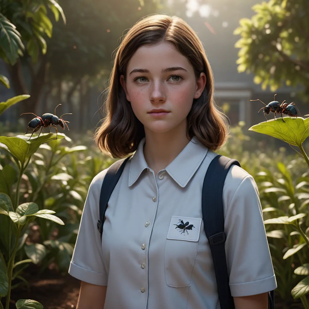 a girl with a backpack standing in a field of flowers and bugs in the background, with a house in the background, photorealism, a character portrait, Beeple, promotional image