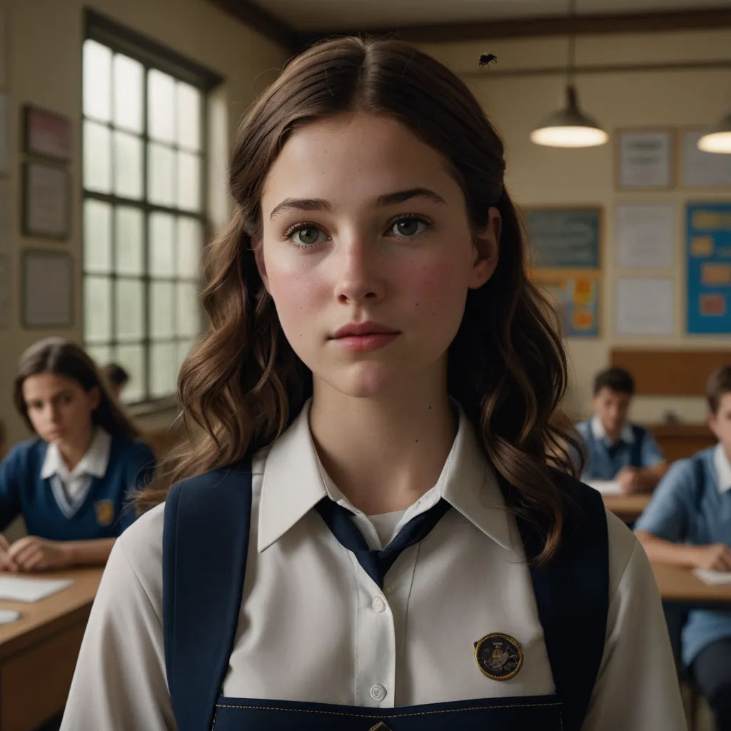 a girl in a school uniform standing in front of a desk with other students in the background, all looking at the camera, hyperrealism, a character portrait, Charlotte Harding, vfx