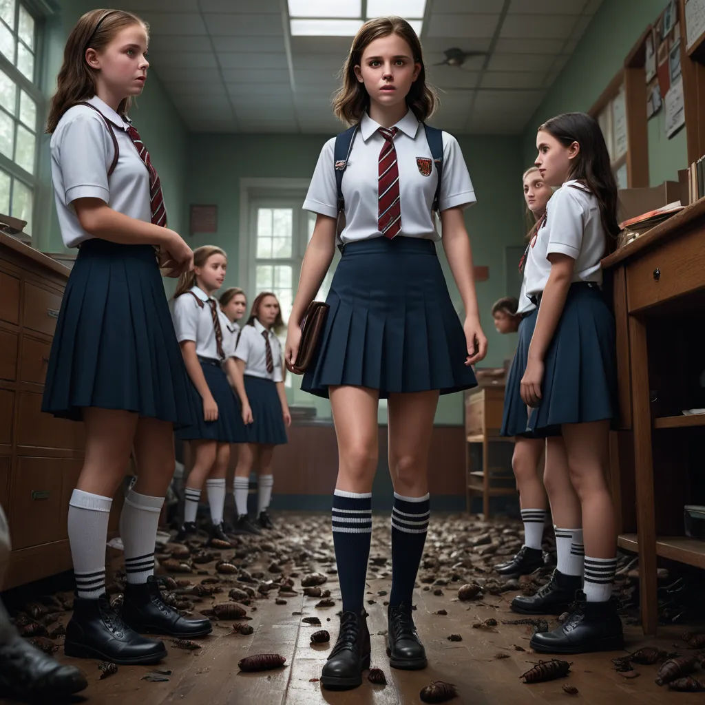 a group of girls in school uniforms standing in a room with a desk and a bookcase in the background, institutional critique, poster art, Daniel Lieske, promotional image