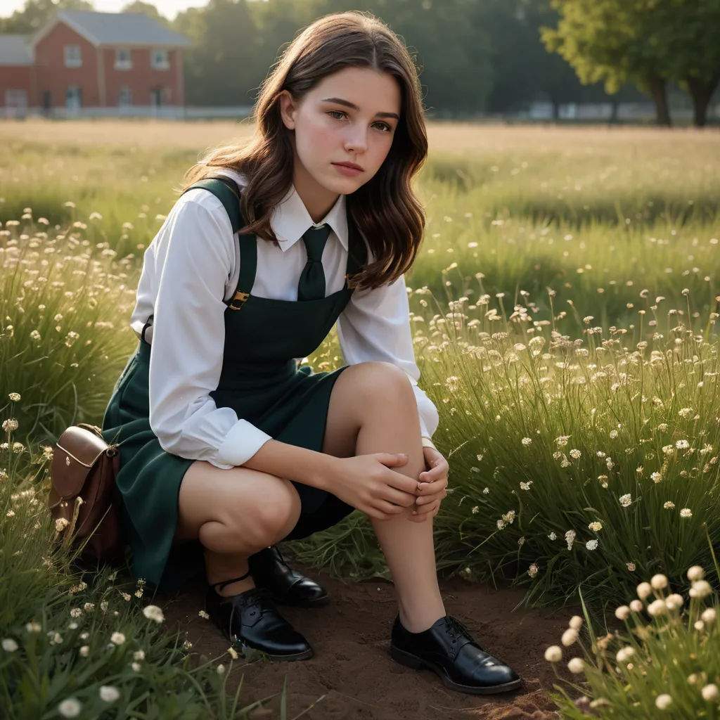 a girl in a green dress and black shoes sitting in a field of flowers and grass with a building in the background, heidelberg school, a character portrait, Elinor Proby Adams, promotional image