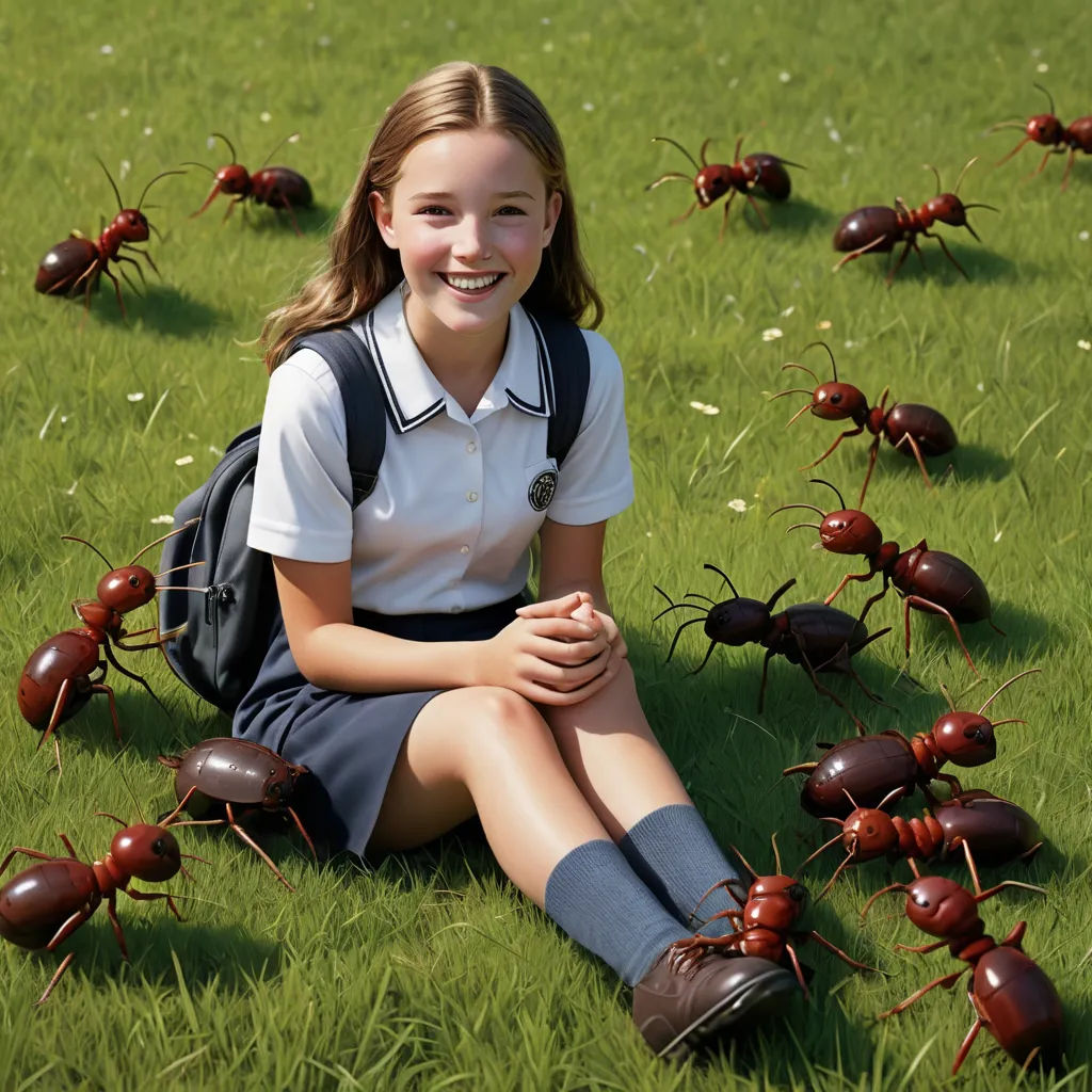 a girl sitting in the grass surrounded by many red bugs, smiling at the camera, with her hands on her knees, antipodeans, a stock photo, Claire Falkenstein, promotional image