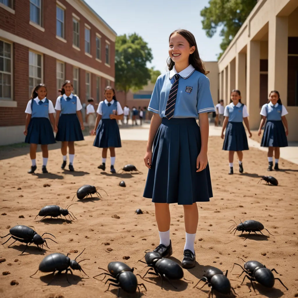a group of girls in school uniforms standing in a circle with bugs on the ground in front of them, quito school, a stock photo, Aquirax Uno, promotional image