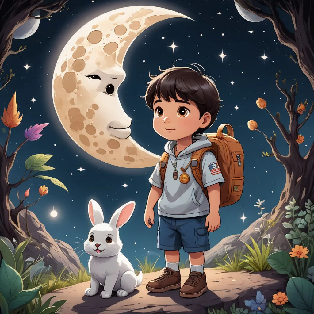 a boy with a backpack standing next to a rabbit in the woods at night with a half moon in the background, space art, a storybook illustration, Diego Gisbert Llorens, storybook illustration