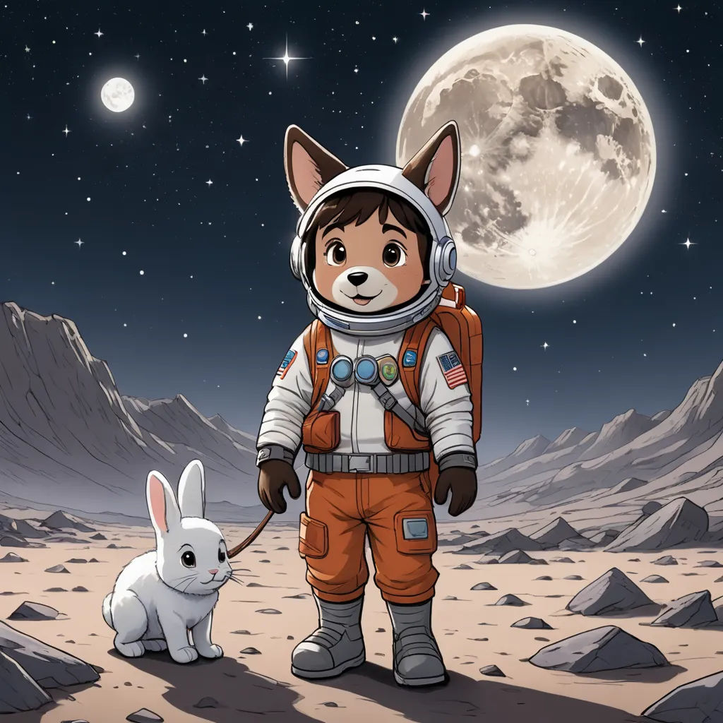 a cartoon dog and a rabbit in space suits standing in the desert with a full moon in the background, space art, a storybook illustration, Felix-Kelly, comic cover art
