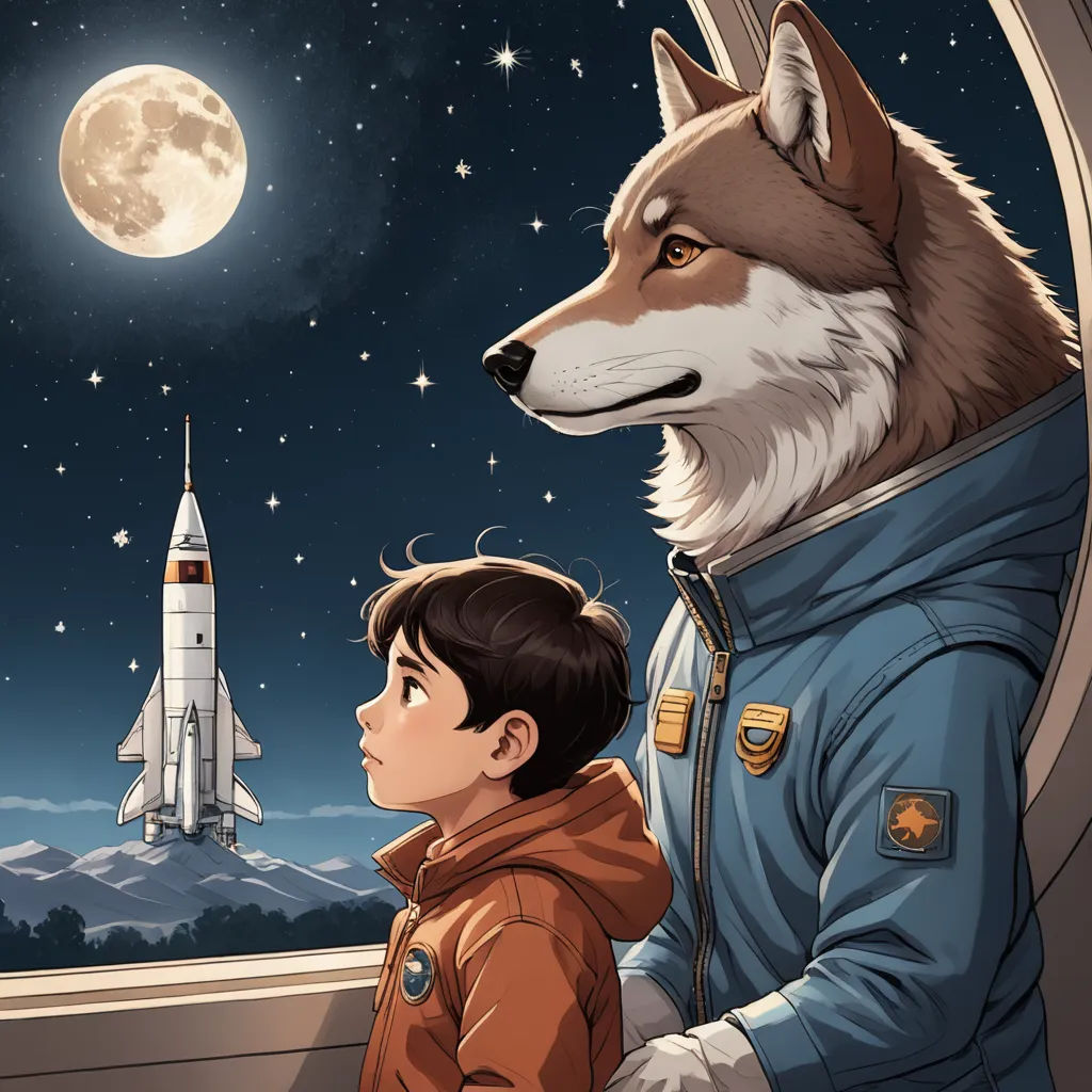 a boy looking at a wolf in a space station window at night with a rocket ship in the background, space art, a storybook illustration, Aaron Jasinski, comic cover art