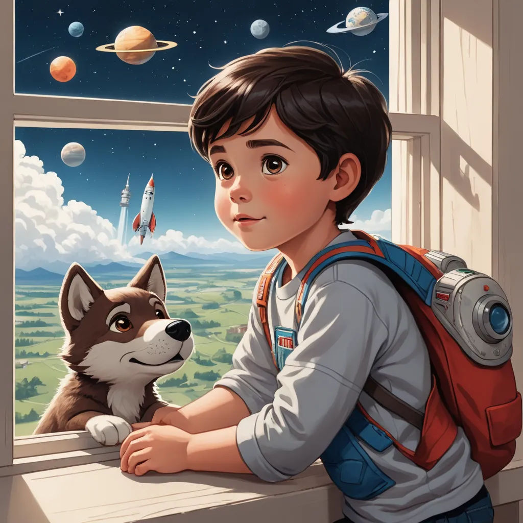 a boy looking out a window at a dog and space shuttles in the sky above him, with a dog looking out the window, space art, a storybook illustration, Aaron Jasinski, highly detailed digital painting