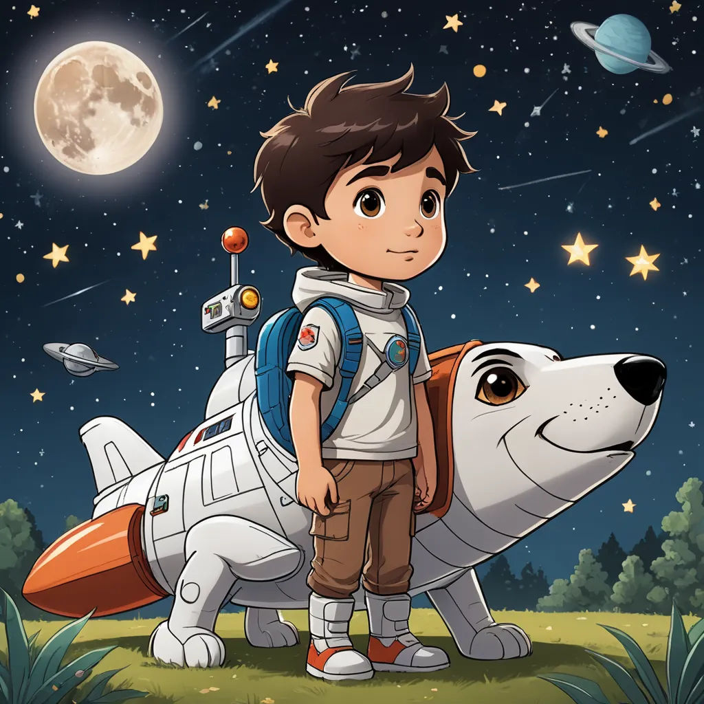 a boy with a backpack standing next to a dog in a field with stars and a moon in the sky, space art, a storybook illustration, Diego Gisbert Llorens, comic cover art