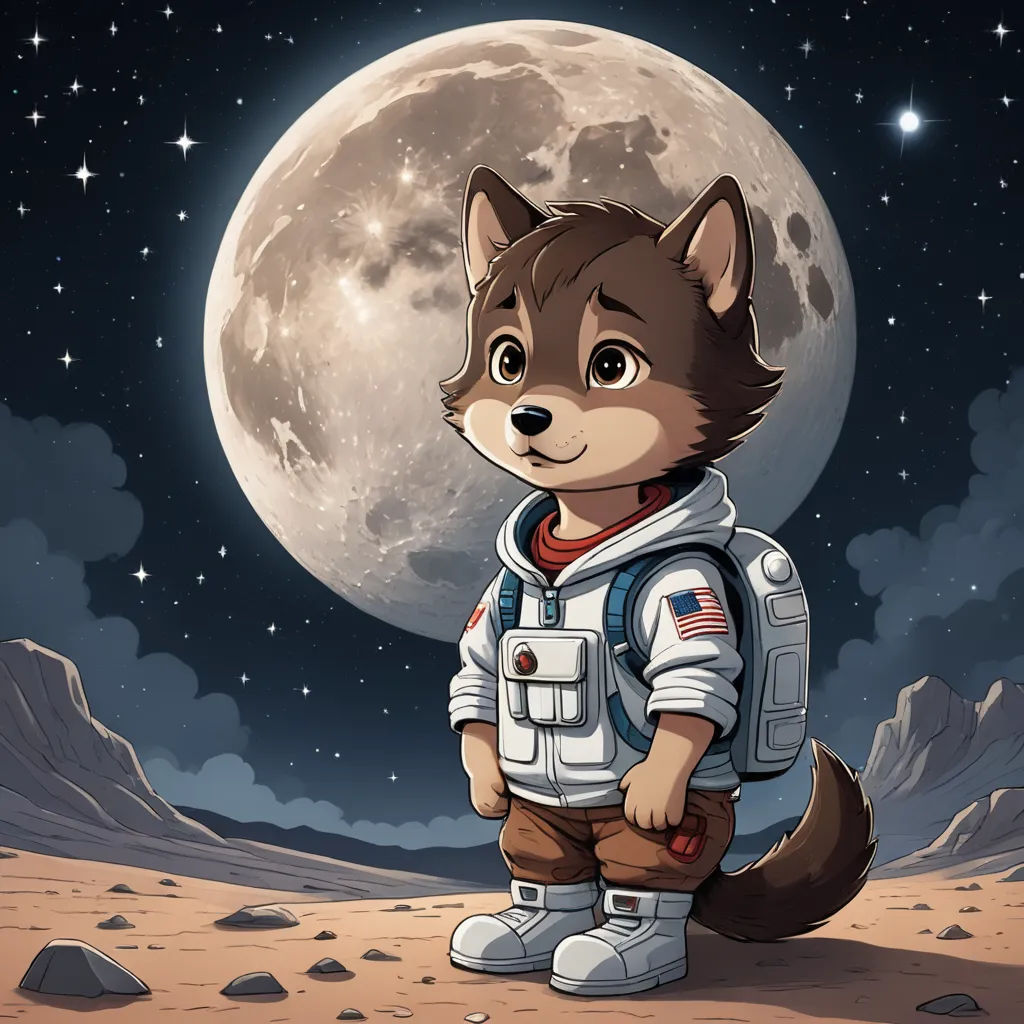a cartoon of a wolf in a space suit standing on a desert area with a full moon in the background, space art, a storybook illustration, Caspar Wolf, trending on furaffinity