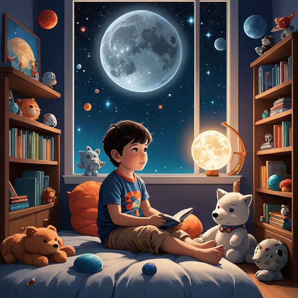 a boy sitting on a bed reading a book in front of a window with a moon and stars in the sky, space art, a storybook illustration, Chris LaBrooy, highly detailed digital painting