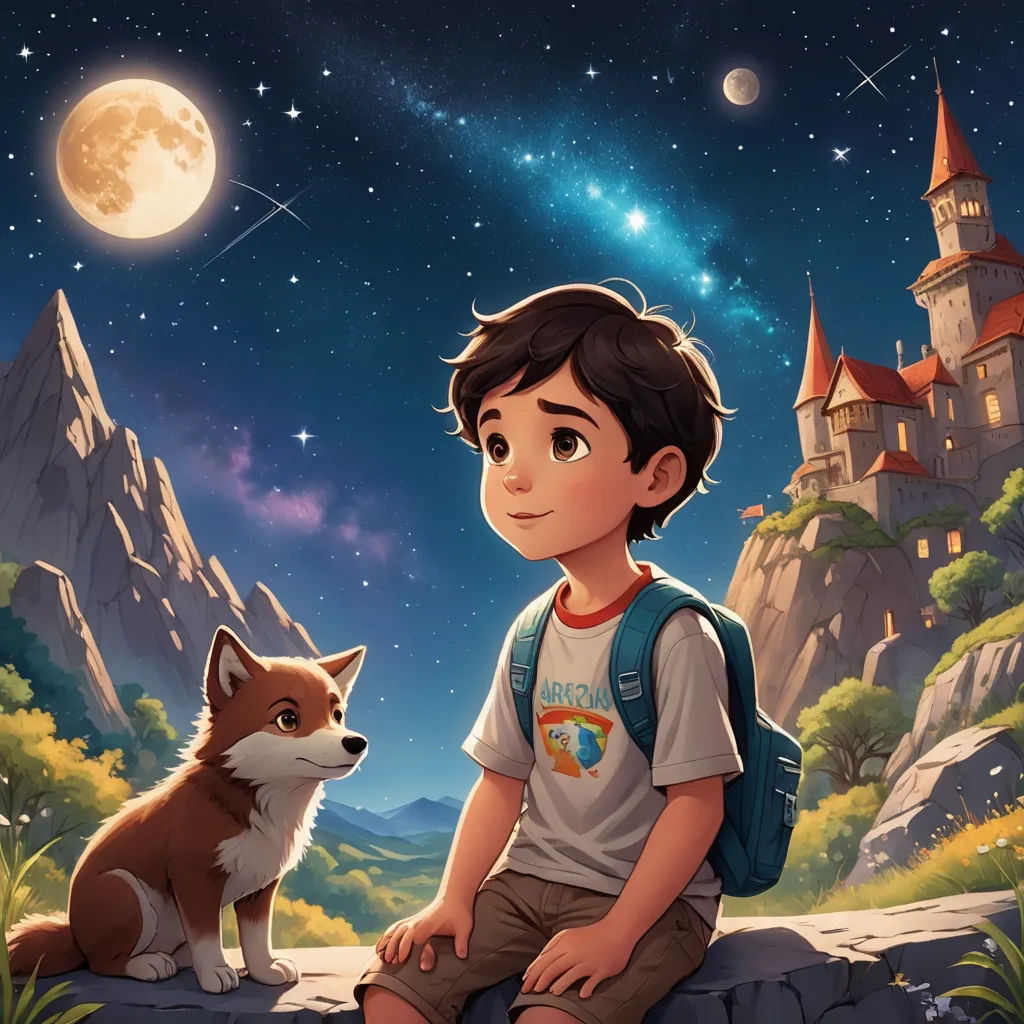 a boy sitting on a rock next to a dog and a castle with a full moon in the sky, space art, a storybook illustration, Aaron Jasinski, storybook illustration
