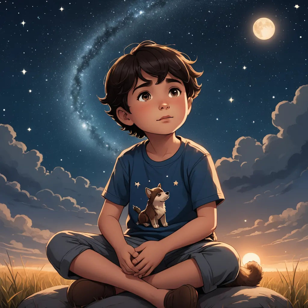 a boy sitting on a rock with a dog on his lap under a night sky with stars and a full moon, space art, a storybook illustration, Aaron Jasinski, comic cover art