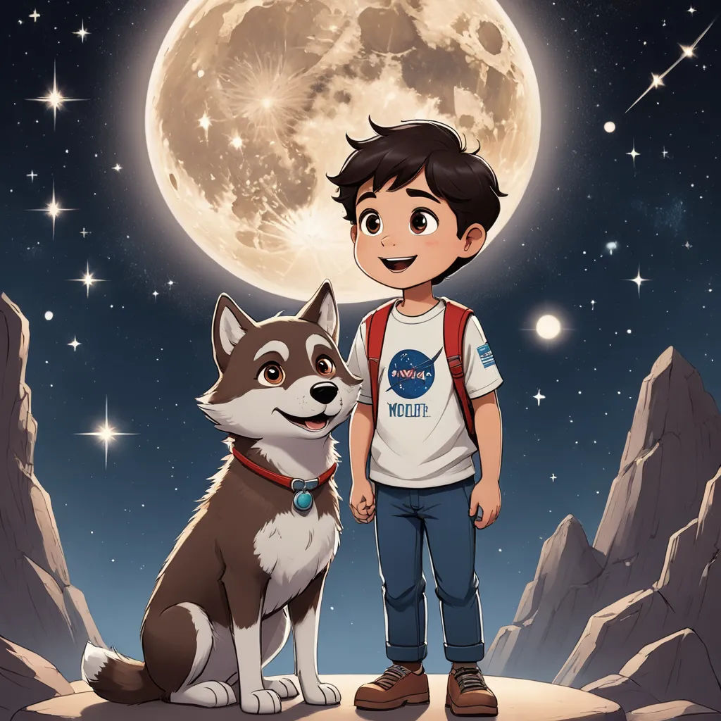 a boy standing next to a dog on a mountain under a full moon sky with stars and a full moon behind him, space art, a storybook illustration, Diego Gisbert Llorens, comic cover art