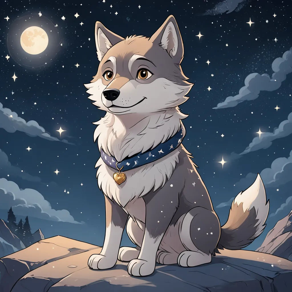 a dog sitting on a rock under a full moon and stars sky with clouds and stars in the sky, furry art, a character portrait, Caspar Wolf, night sky