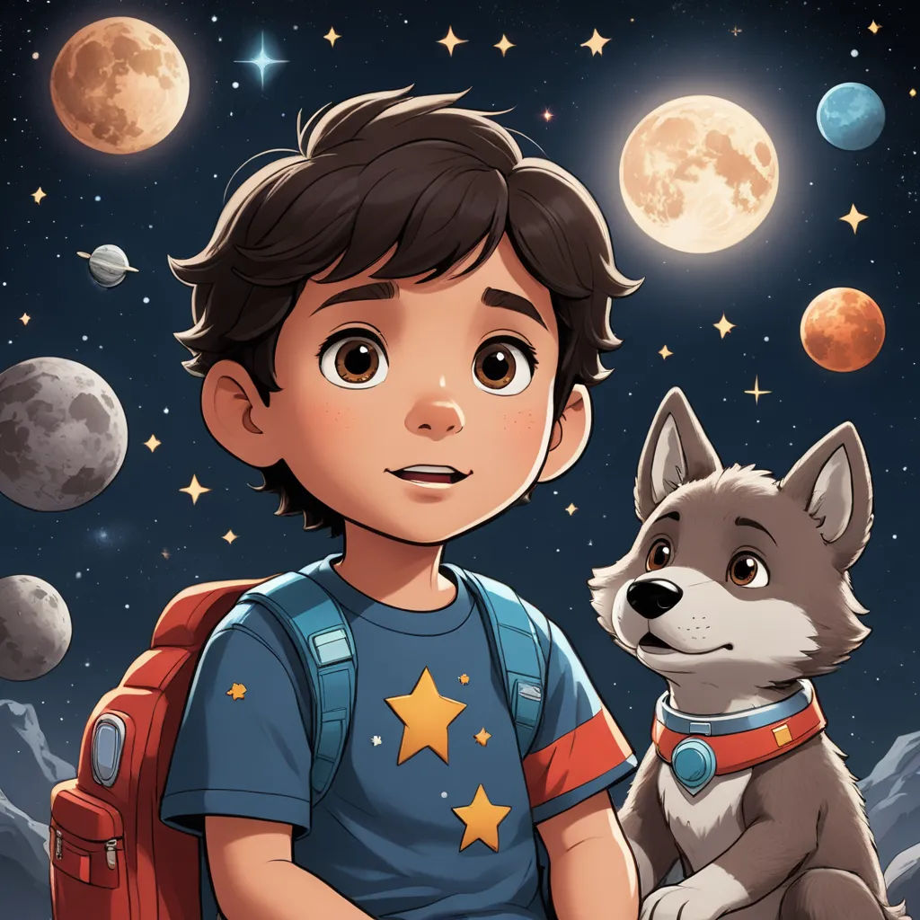 a boy with a backpack and a dog in front of the moon and stars with the moon in the background, space art, a storybook illustration, Diego Gisbert Llorens, comic cover art