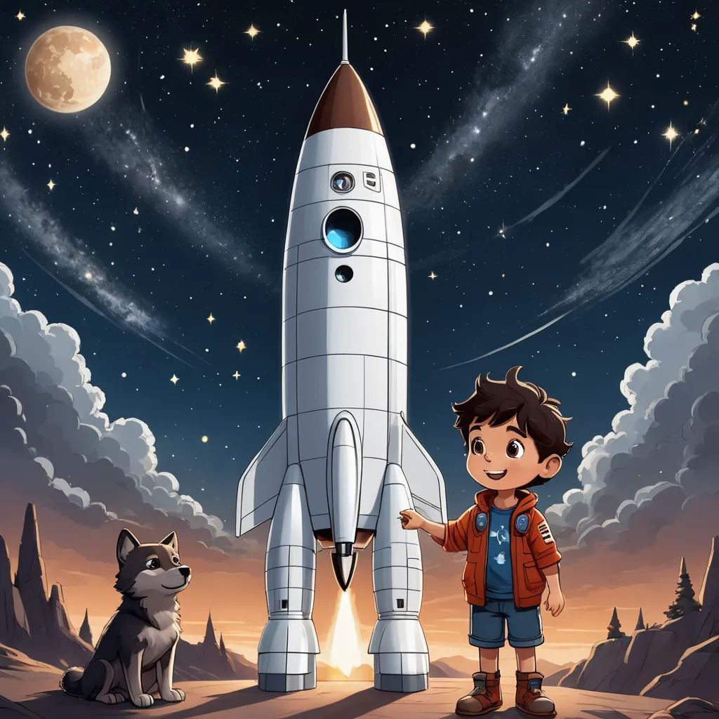 a boy standing next to a rocket on a mountain with a dog looking on at it and a wolf looking at it, space art, a storybook illustration, Diego Gisbert Llorens, 2 d game art