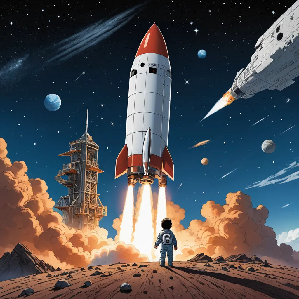a man standing on a desert with a rocket in the sky above him and a space shuttle in the background, space art, poster art, Chris LaBrooy, promotional image