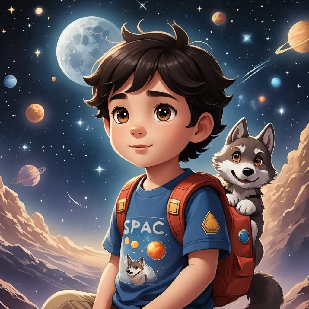 a boy with a backpack and a dog in the space with planets in the background and a full moon, space art, a storybook illustration, Aaron Jasinski, comic cover art