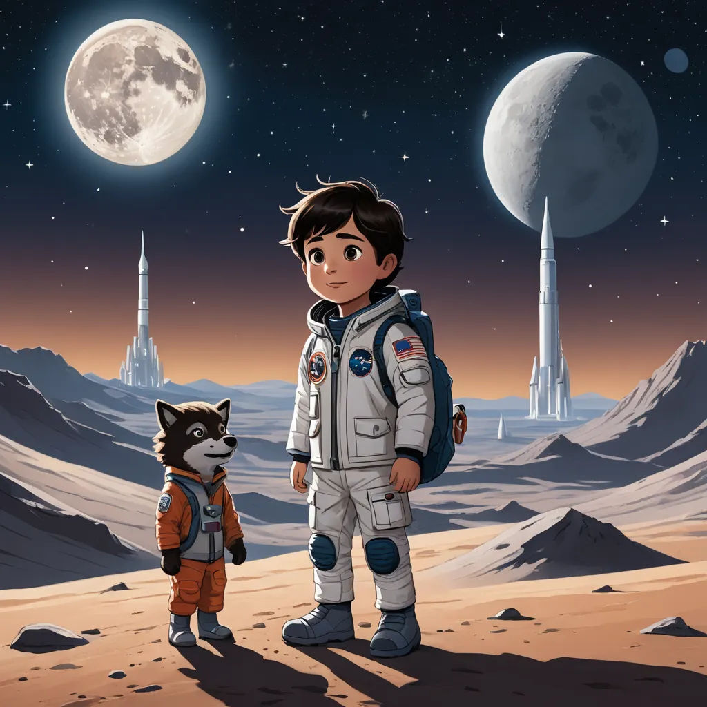 a boy in a space suit standing next to a raccoon in a desert area with a full moon in the background, space art, a storybook illustration, Diego Gisbert Llorens, promotional image
