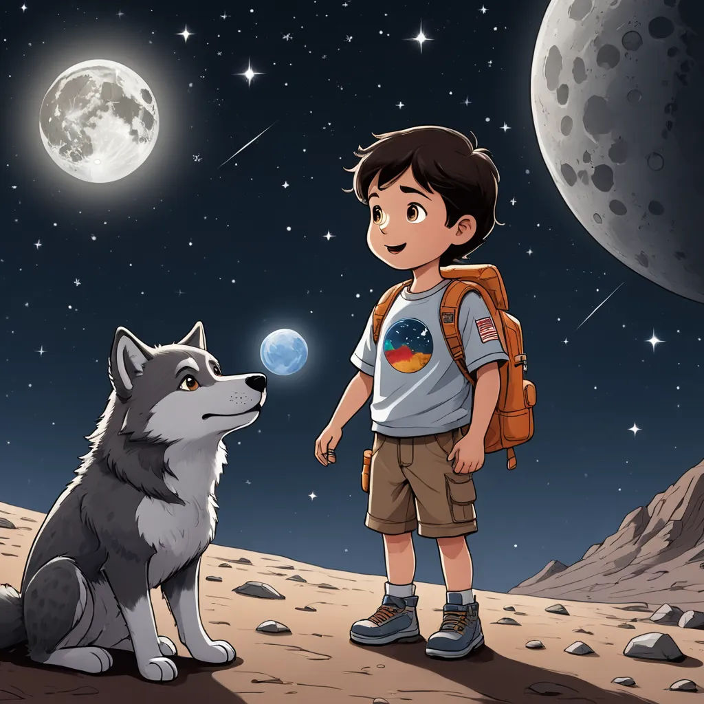 a boy and a wolf looking at the moon and stars in the sky above them, with a full moon in the background, space art, a storybook illustration, Diego Gisbert Llorens, storybook illustration