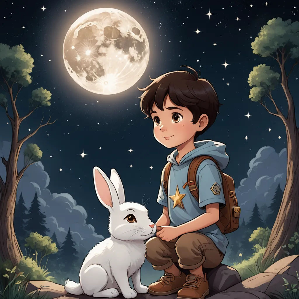 a boy sitting on a rock with a rabbit in front of him at night time with the moon in the sky, space art, a storybook illustration, Diego Gisbert Llorens, storybook illustration