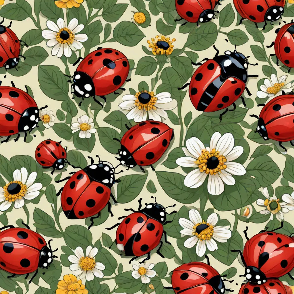 a bunch of ladybugs and daisies on a green background with leaves and flowers on it, all in a pattern, generative art, a jigsaw puzzle, Annabel Kidston, detailed illustration