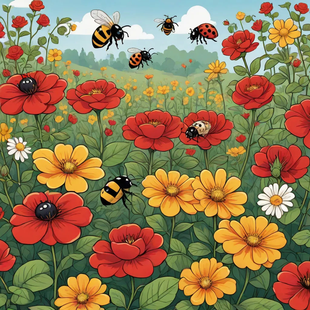 a field full of red and yellow flowers with bees flying over them and a blue sky with clouds above, ecological art, a storybook illustration, Annabel Kidston, detailed illustration