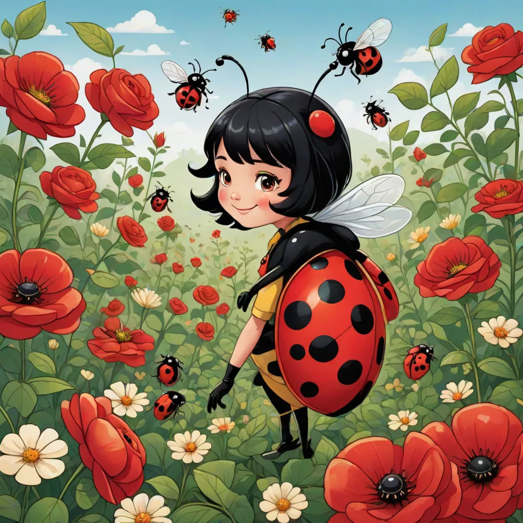 a lady bug is standing in a field of flowers and daisies with a lady bug on her back, pop surrealism, a storybook illustration, Betty Merken, official art