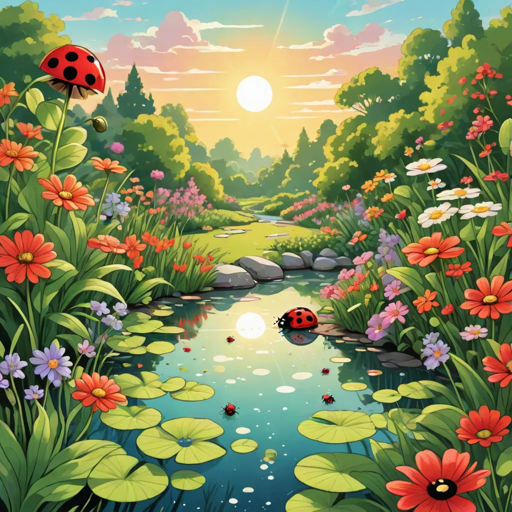 a painting of a ladybug sitting on a lily pond in a beautiful garden with flowers and a ladybug, magic realism, a storybook illustration, Chris LaBrooy, nature