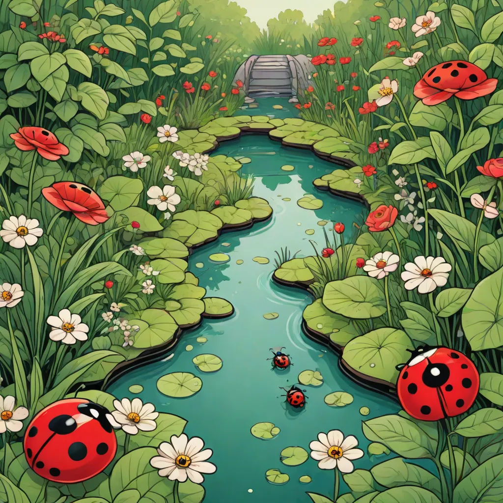 a painting of a river with ladybugs and flowers in it and a bridge in the background with a waterfall, environmental art, a storybook illustration, Chris LaBrooy, detailed illustration