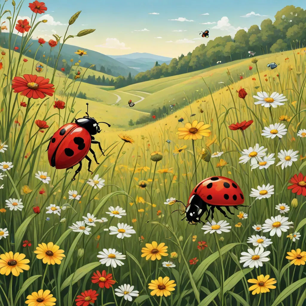 a painting of two ladybugs in a field of flowers and daisies with a mountain in the background, ecological art, a storybook illustration, Chris LaBrooy, nature