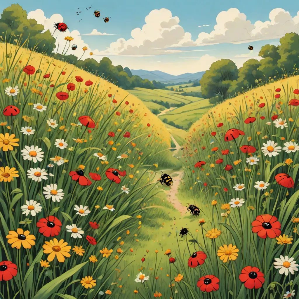 a painting of a field with flowers and bees flying around it and a path leading to a hill with a forest in the background, synthetism, a storybook illustration, Ernst Thoms, nature
