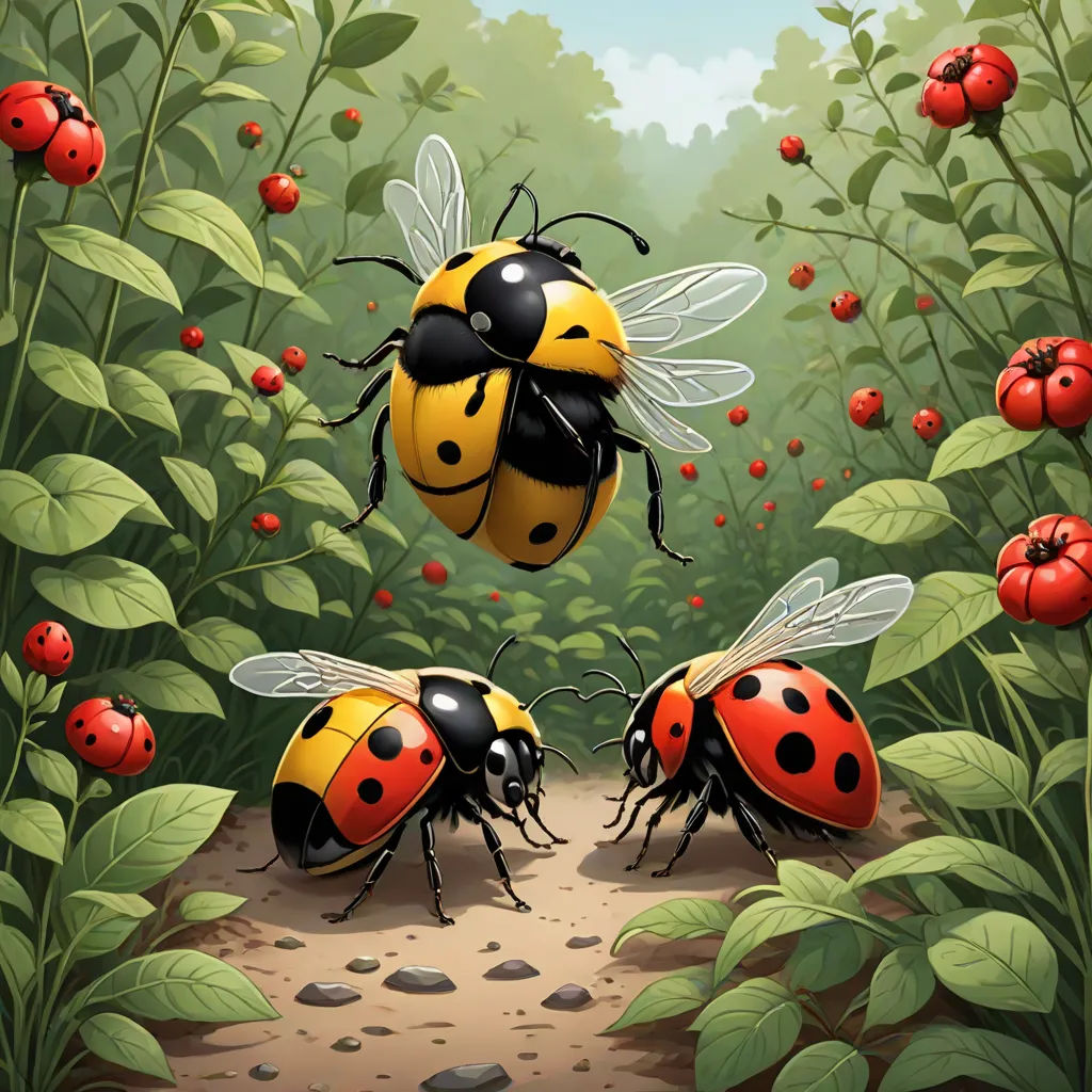 two ladybugs are playing in the grass with each other and a ladybug is flying above them, magic realism, a storybook illustration, Chris LaBrooy, highly detailed digital painting