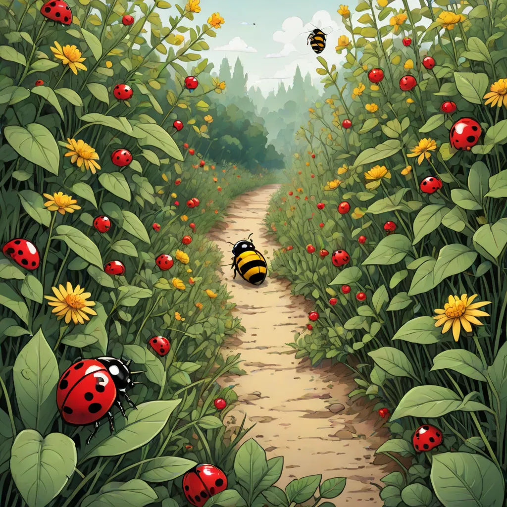a painting of a path with ladybugs and flowers on it and a bee flying over the path, fantasy art, a storybook illustration, Chris LaBrooy, highly detailed digital painting