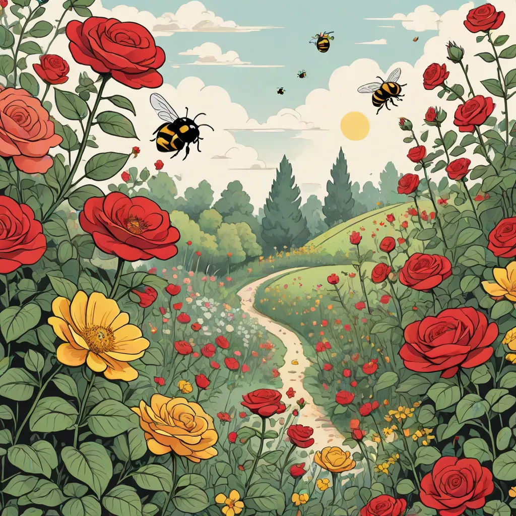a painting of a flower field with bees flying over it and a path leading to a forest with red roses, environmental art, a storybook illustration, Chris LaBrooy, detailed illustration