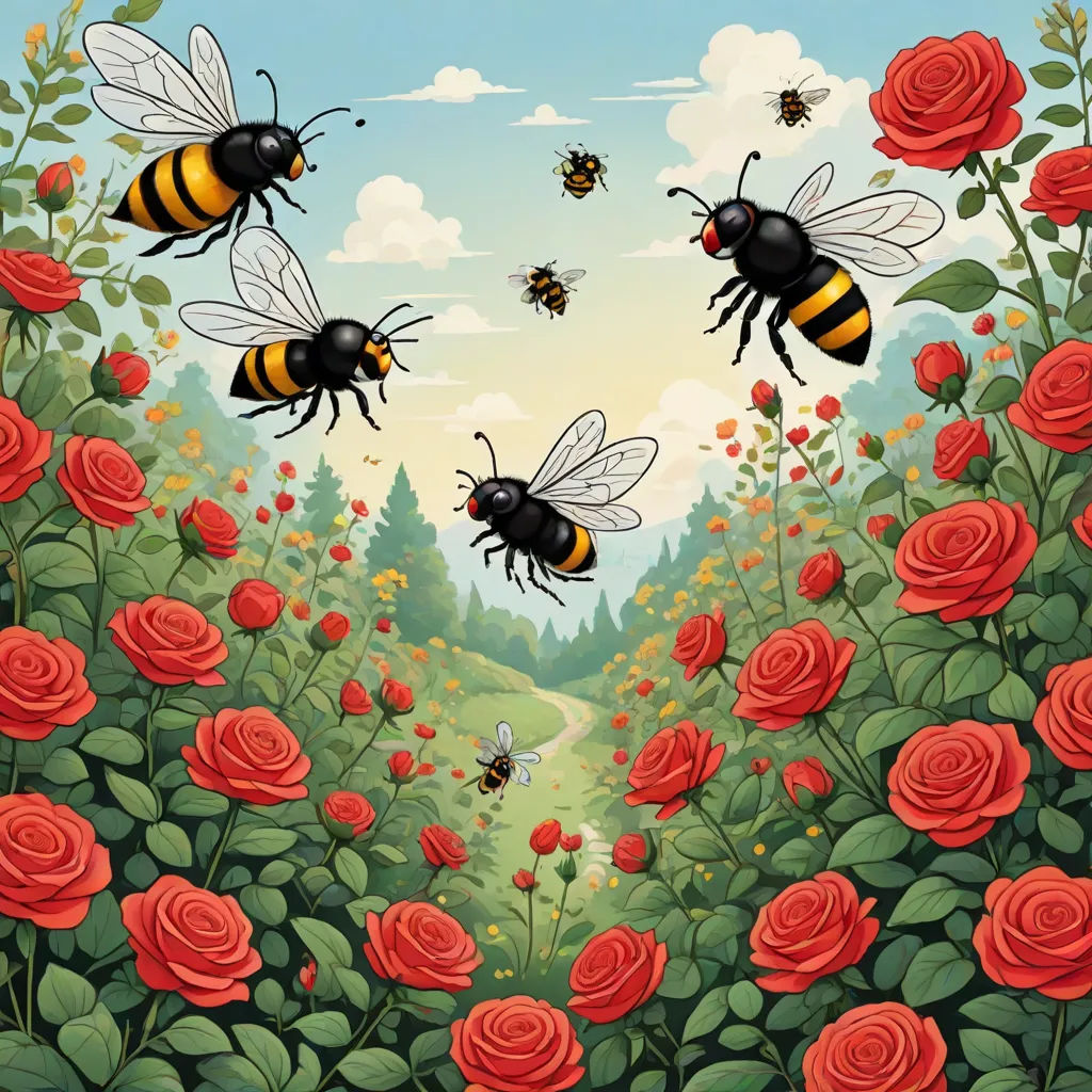 a painting of bees flying over a field of roses and roses with a path leading to them and a forest of red roses, ecological art, a storybook illustration, Dan Mumford, detailed illustration
