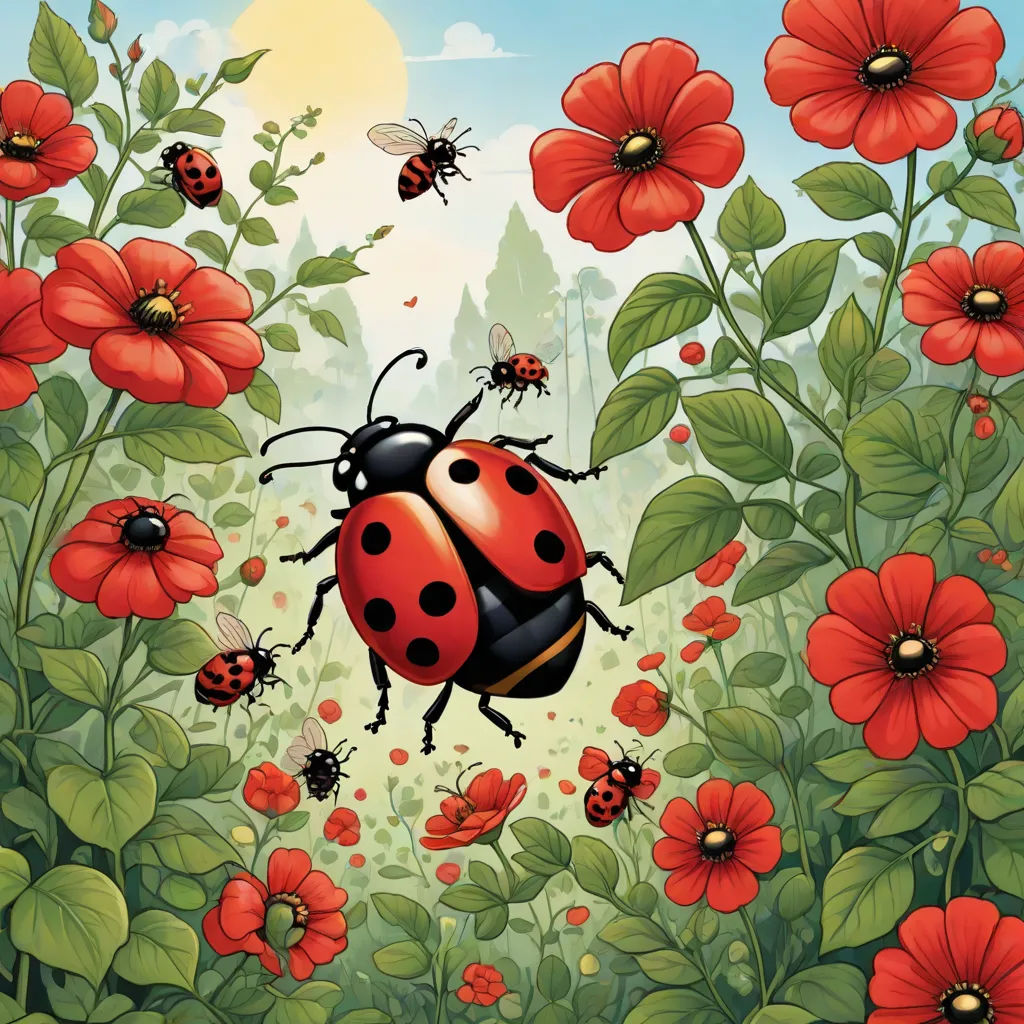 a lady bug is flying over a field of flowers and red flowers with a blue sky in the background, pop surrealism, a storybook illustration, Chris LaBrooy, detailed illustration