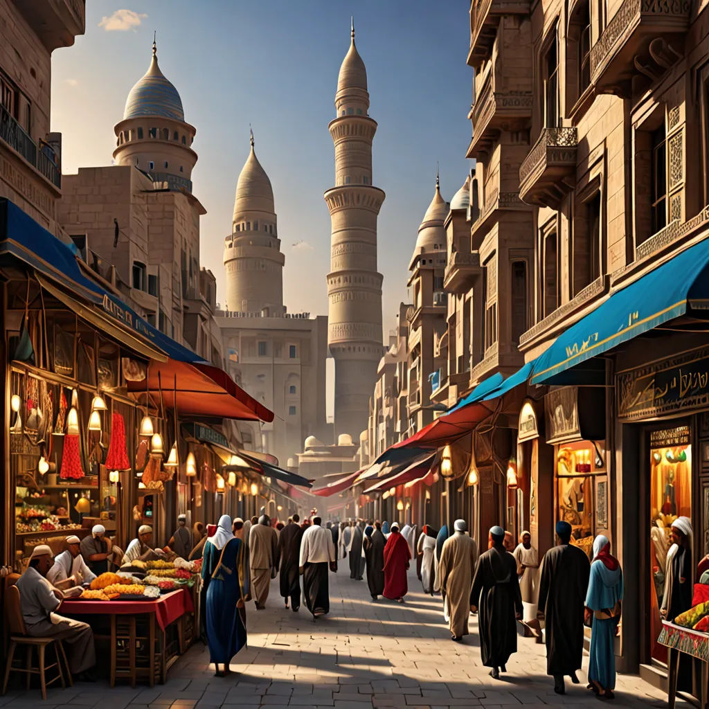 a painting of a busy street with people walking around it and a large building in the background with a clock tower, hurufiyya, a detailed matte painting, Evgeny Lushpin, orientalism